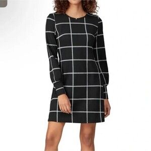 Slate & Willow Black Gray Plaid Stripe Long Sleeve Knit Mini Shift Dress Size XS